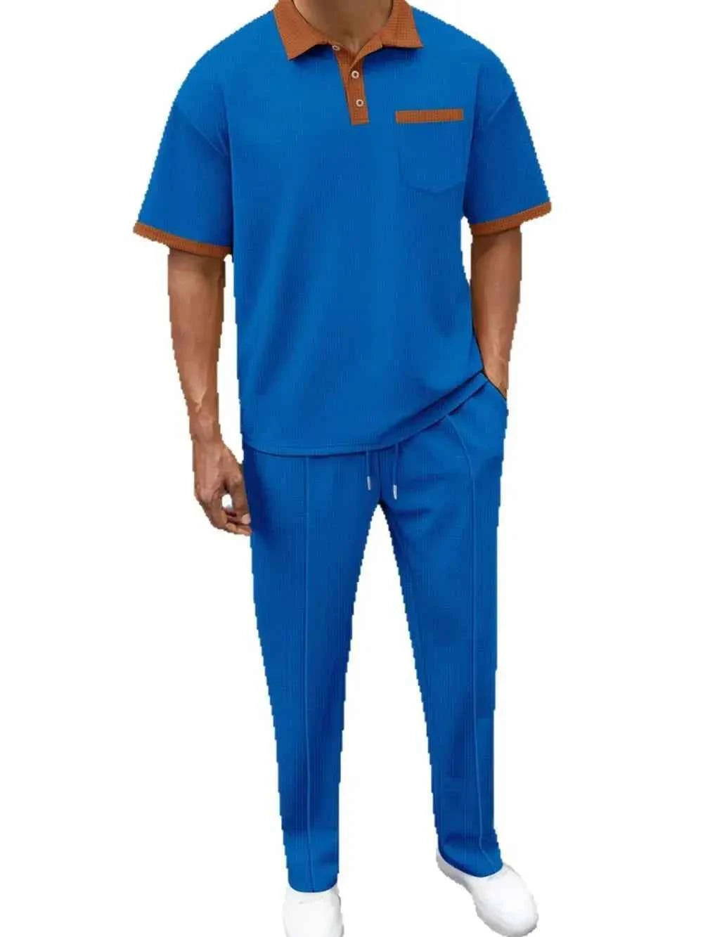 Men's Plus Size Waffle-Knit Contrast Polo and Pants Set
