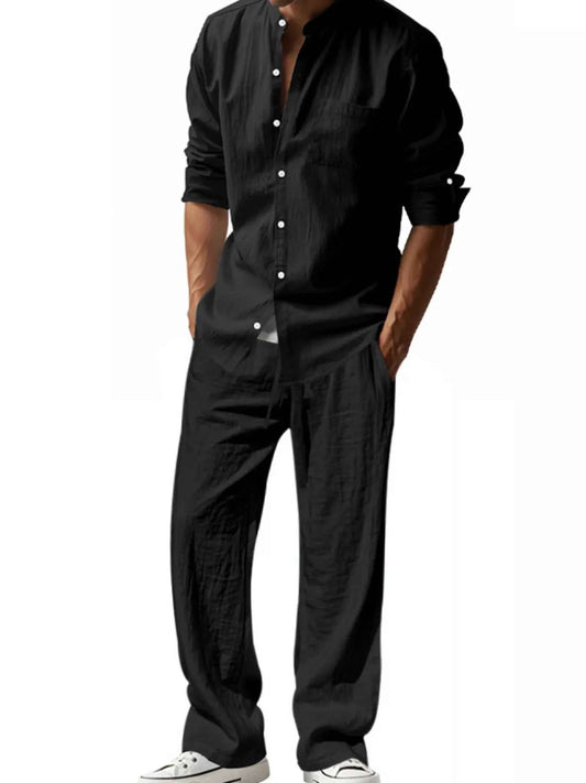 Men's Plus Size Outfit Set - Button Up Shirt and Pants Long Sleeve Combo