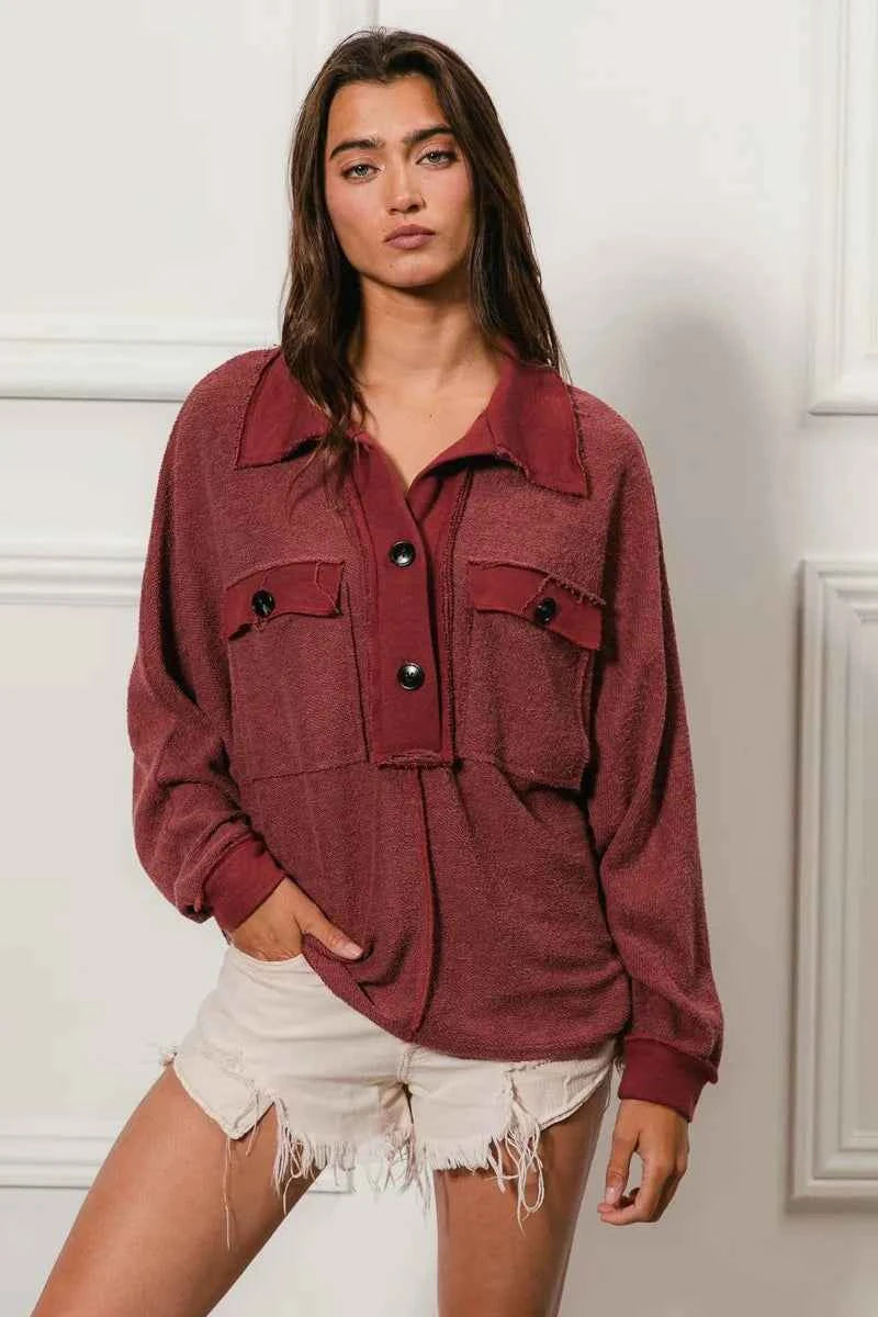 BiBi Cp French Terry Top with Cut Edge Detail and Collared Design