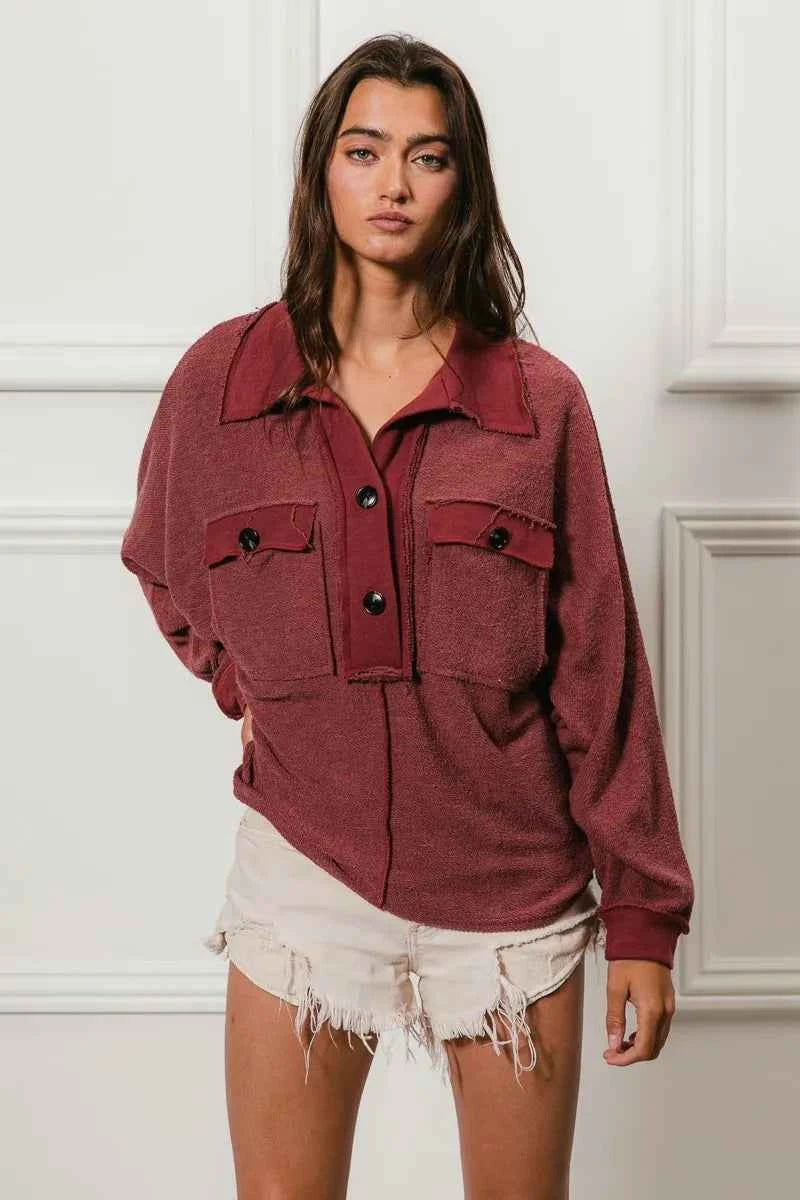 BiBi Cp French Terry Top with Cut Edge Detail and Collared Design