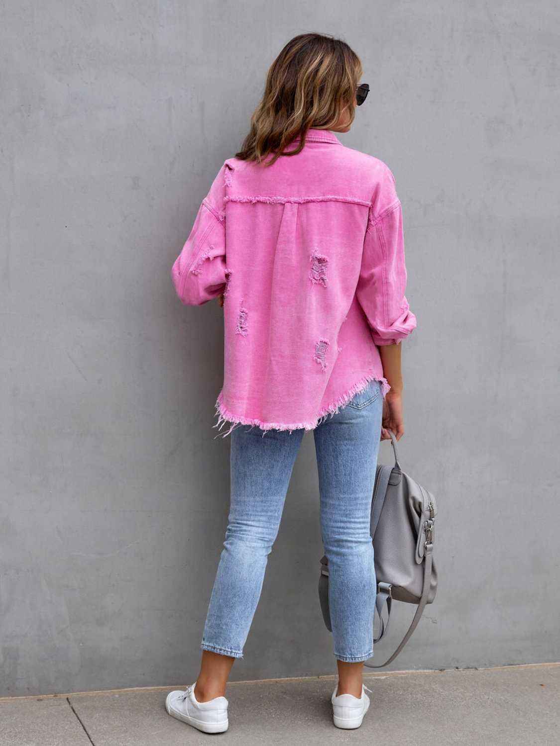 Distressed Denim Jacket with Drop Shoulder Design