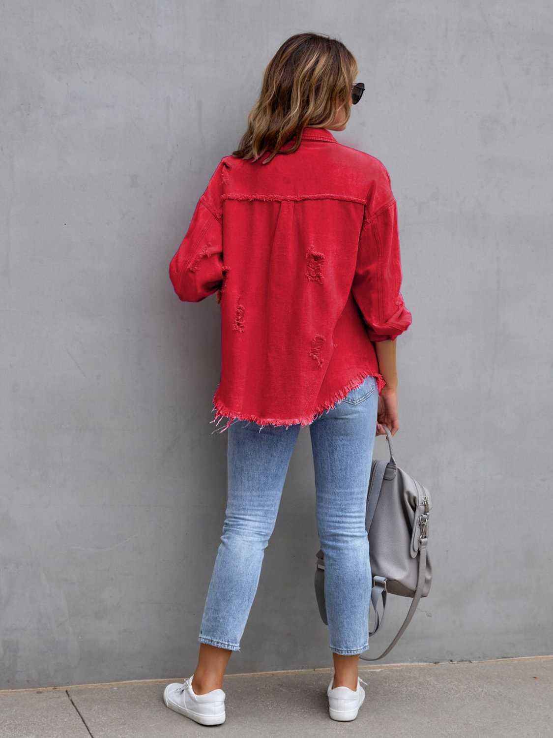Distressed Denim Jacket with Drop Shoulder Design