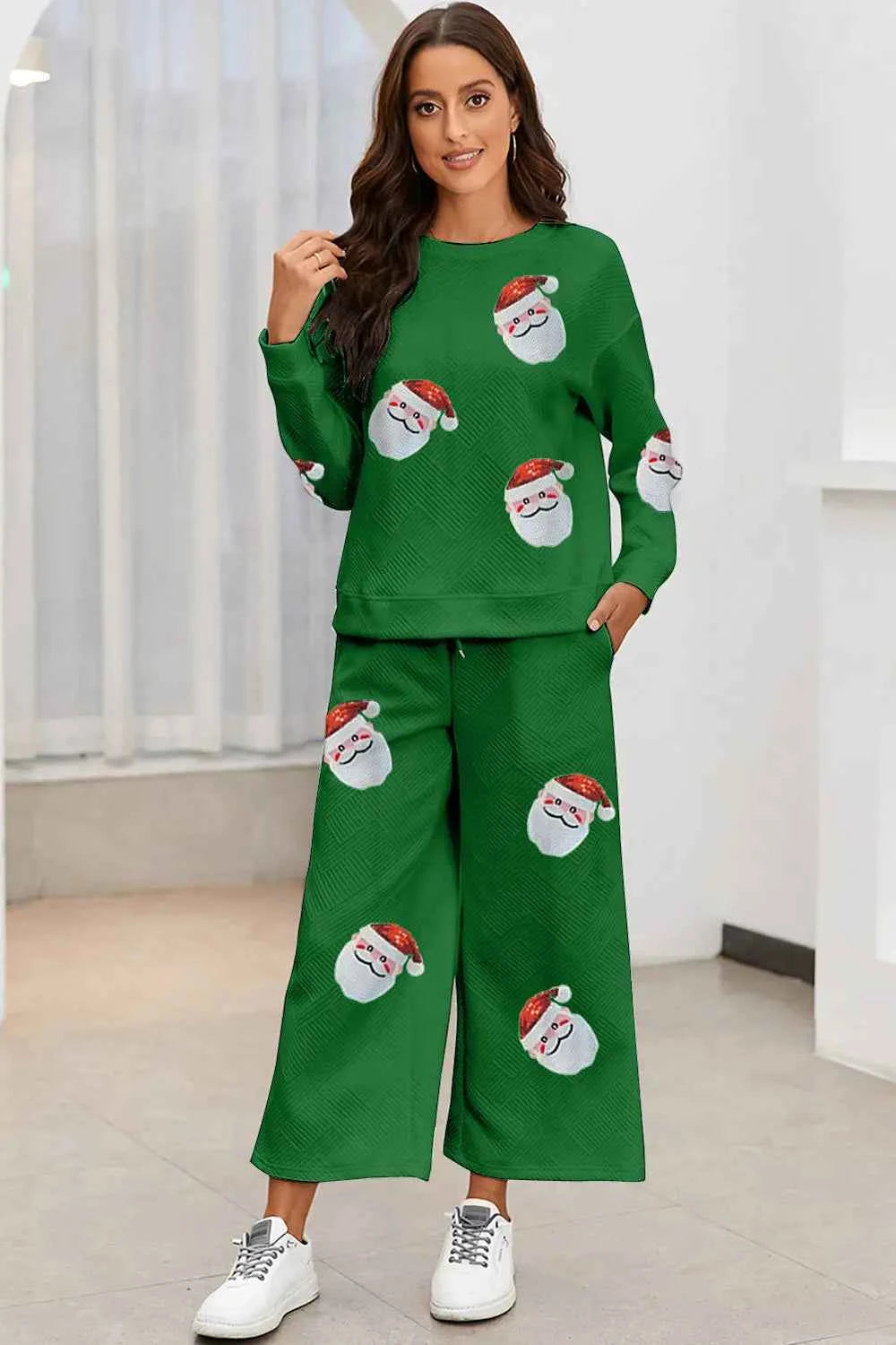 Santa Sequin Outfit Set - Round Neck Top and Pants for Festive Cheer