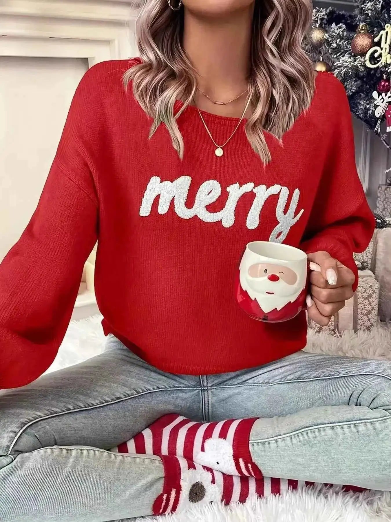 Merry Round Neck Dropped Shoulder Christmas Sweater
