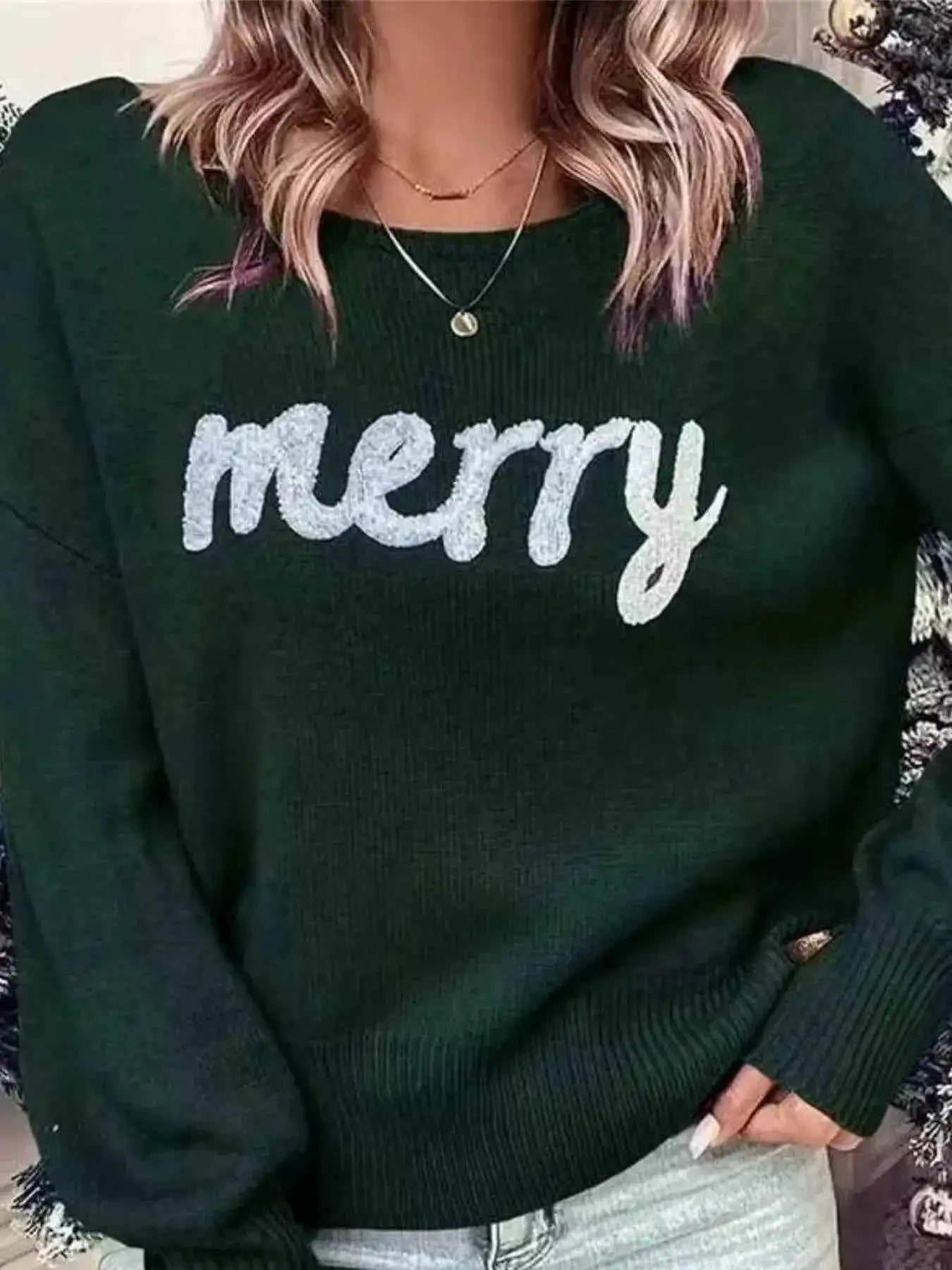 Merry Round Neck Dropped Shoulder Christmas Sweater