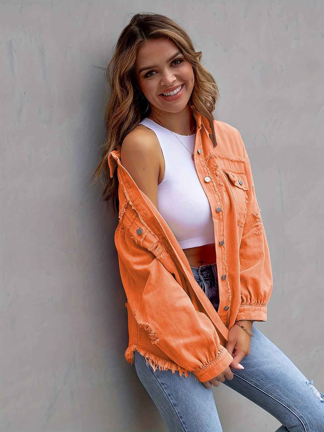Distressed Denim Jacket with Drop Shoulder Design