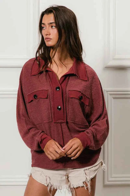 BiBi Cp French Terry Top with Cut Edge Detail and Collared Design