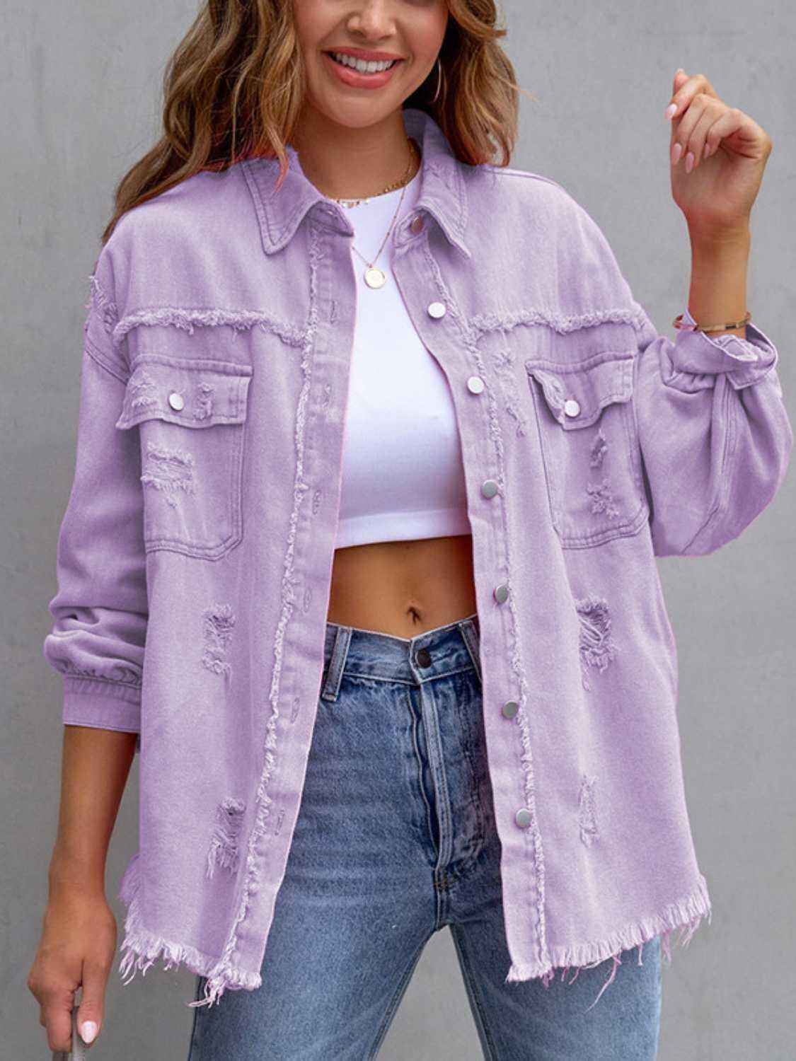 Distressed Denim Jacket with Drop Shoulder Design