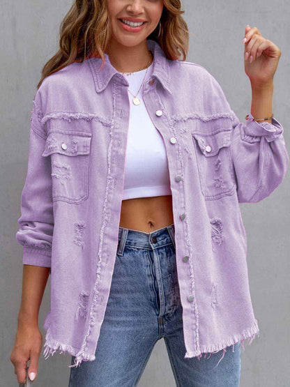 Distressed Denim Jacket with Drop Shoulder Design
