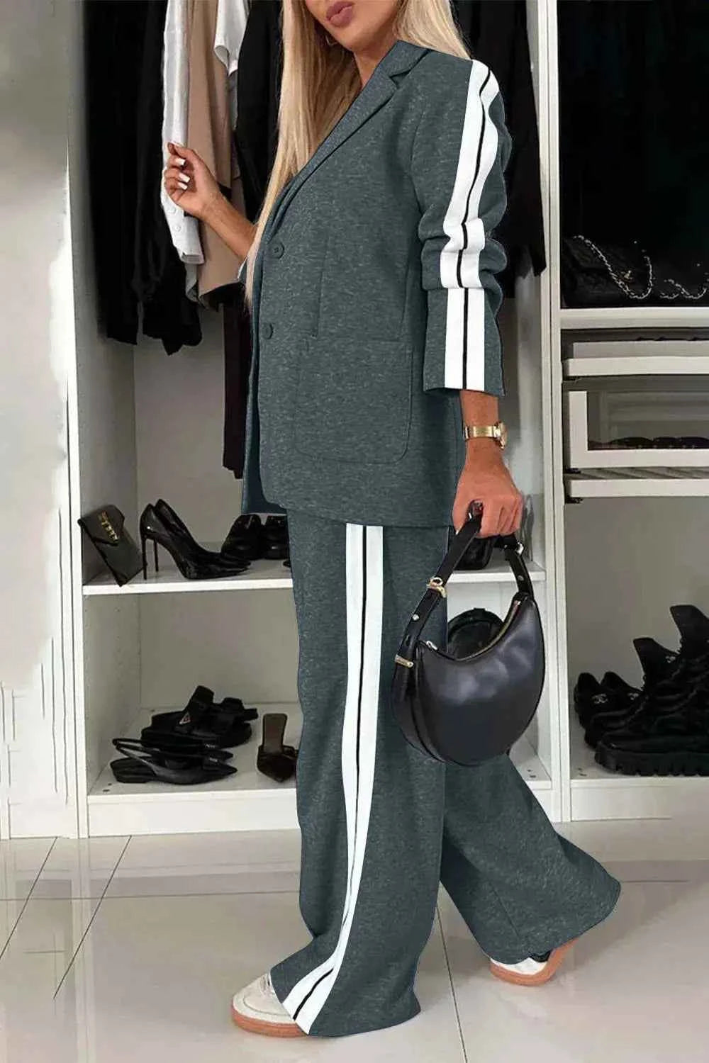 Full Size Contrast Lapel Collar Top and Pants Set for Stylish Outfits