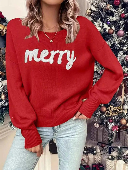 Merry Round Neck Dropped Shoulder Christmas Sweater