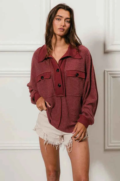 BiBi Cp French Terry Top with Cut Edge Detail and Collared Design