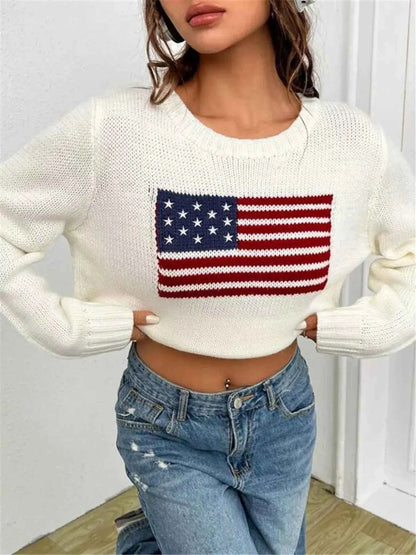 US Flag Sweater - Round Neck Long Sleeve for Men and Women
