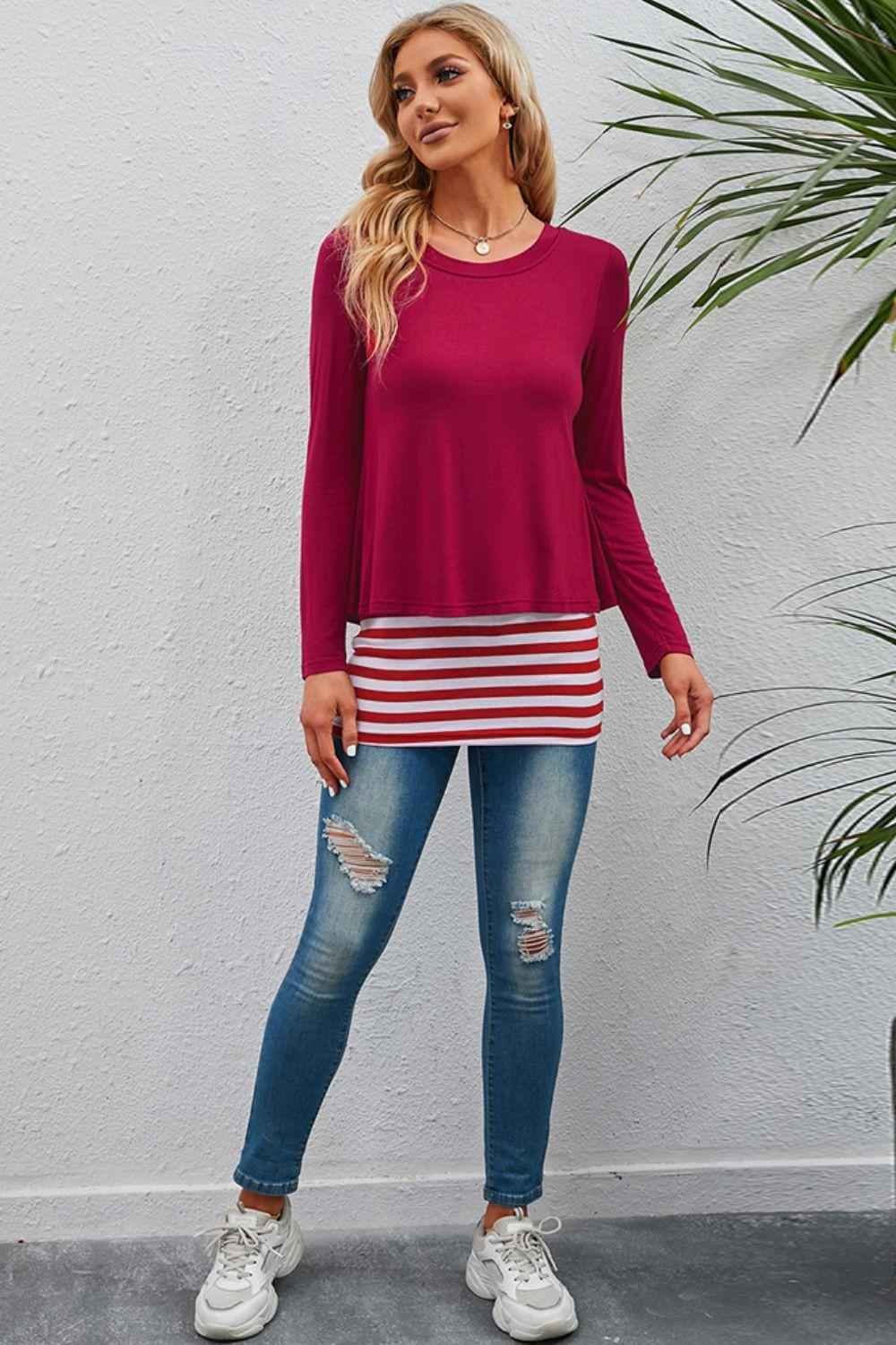 Full Size Striped Layered Long Sleeve Top