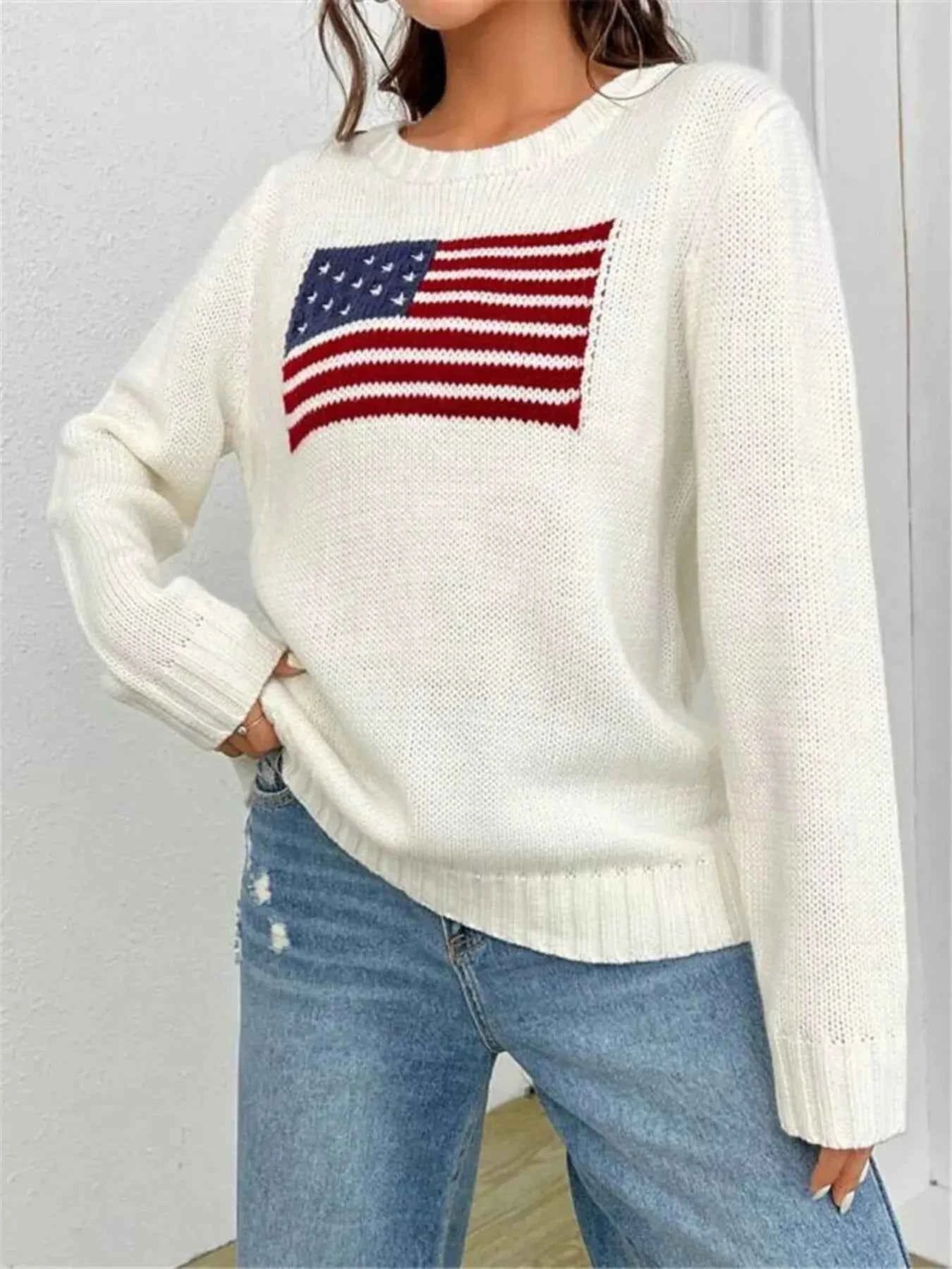 US Flag Sweater - Round Neck Long Sleeve for Men and Women