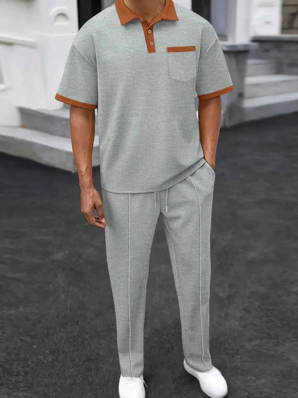 Men's Plus Size Waffle-Knit Contrast Polo and Pants Set