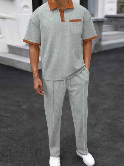 Men's Plus Size Waffle-Knit Contrast Polo and Pants Set