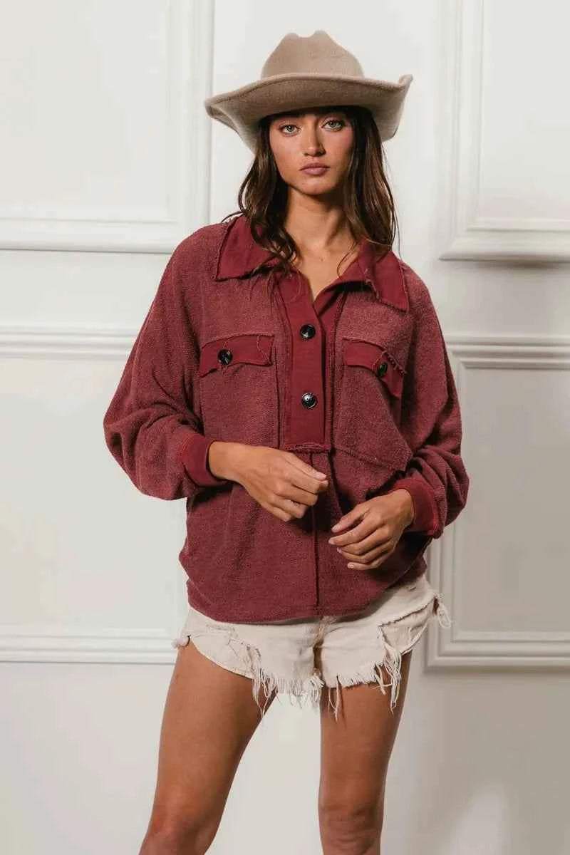 BiBi Cp French Terry Top with Cut Edge Detail and Collared Design