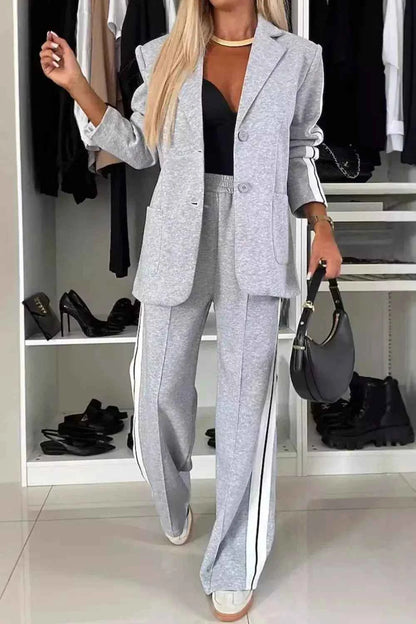 Full Size Contrast Lapel Collar Top and Pants Set for Stylish Outfits
