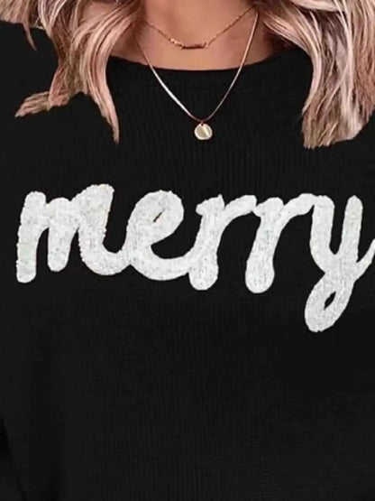 Merry Round Neck Dropped Shoulder Christmas Sweater