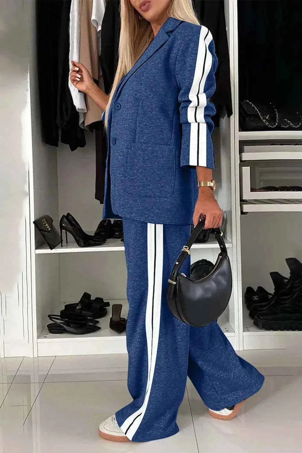 Full Size Contrast Lapel Collar Top and Pants Set for Stylish Outfits