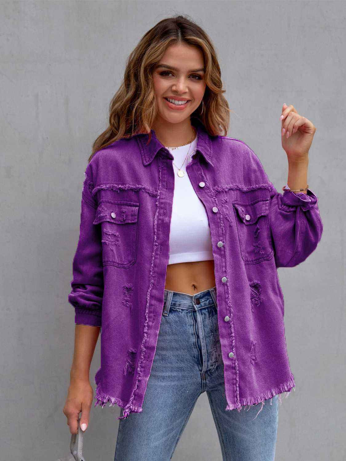 Distressed Denim Jacket with Drop Shoulder Design