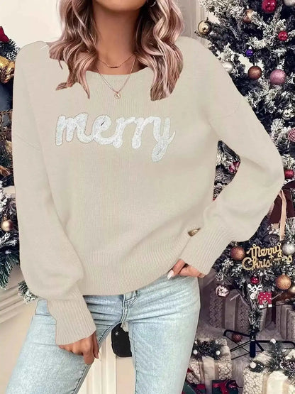 Merry Round Neck Dropped Shoulder Christmas Sweater
