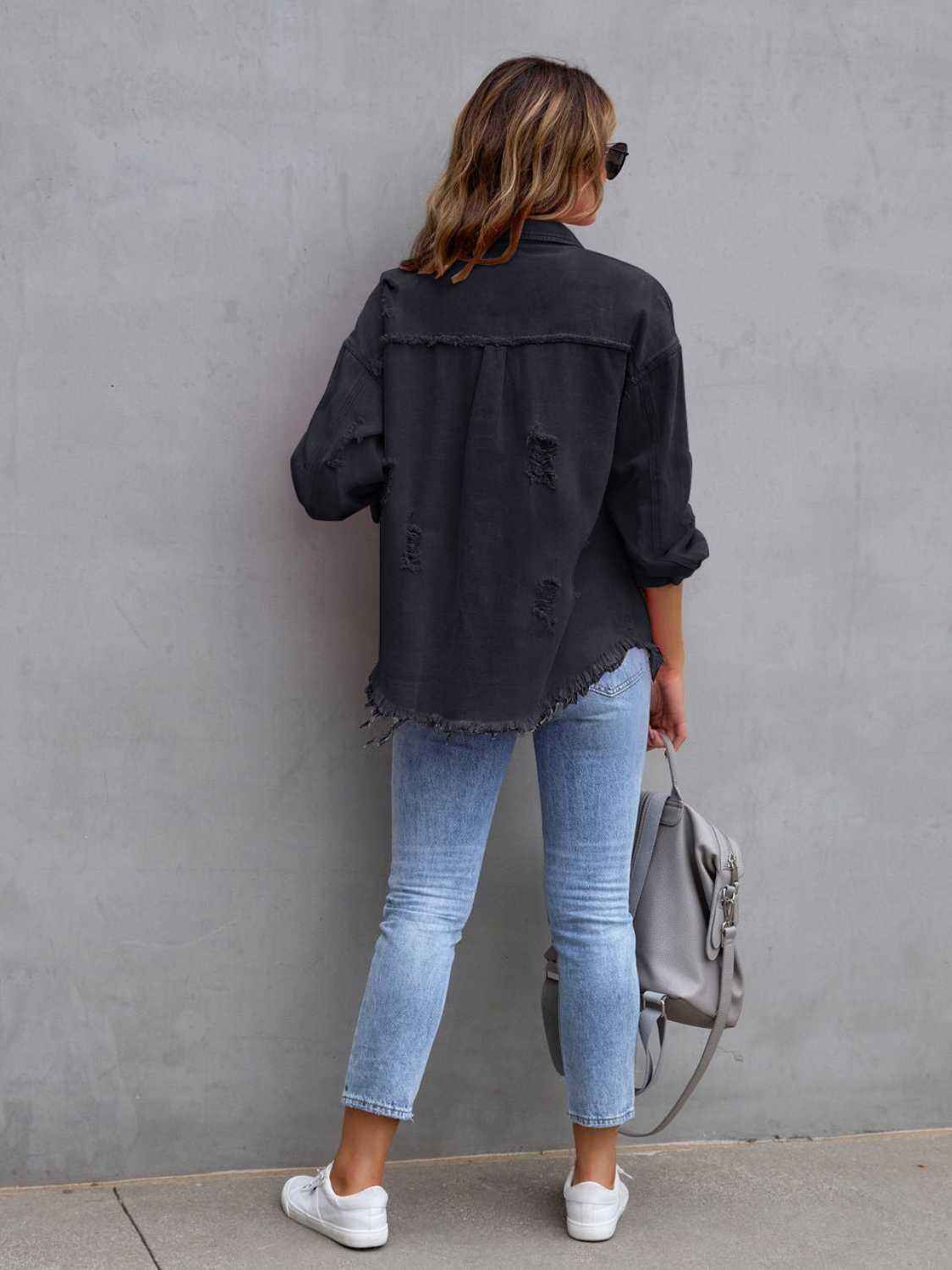 Distressed Denim Jacket with Drop Shoulder Design