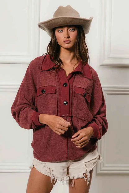 BiBi Cp French Terry Top with Cut Edge Detail and Collared Design