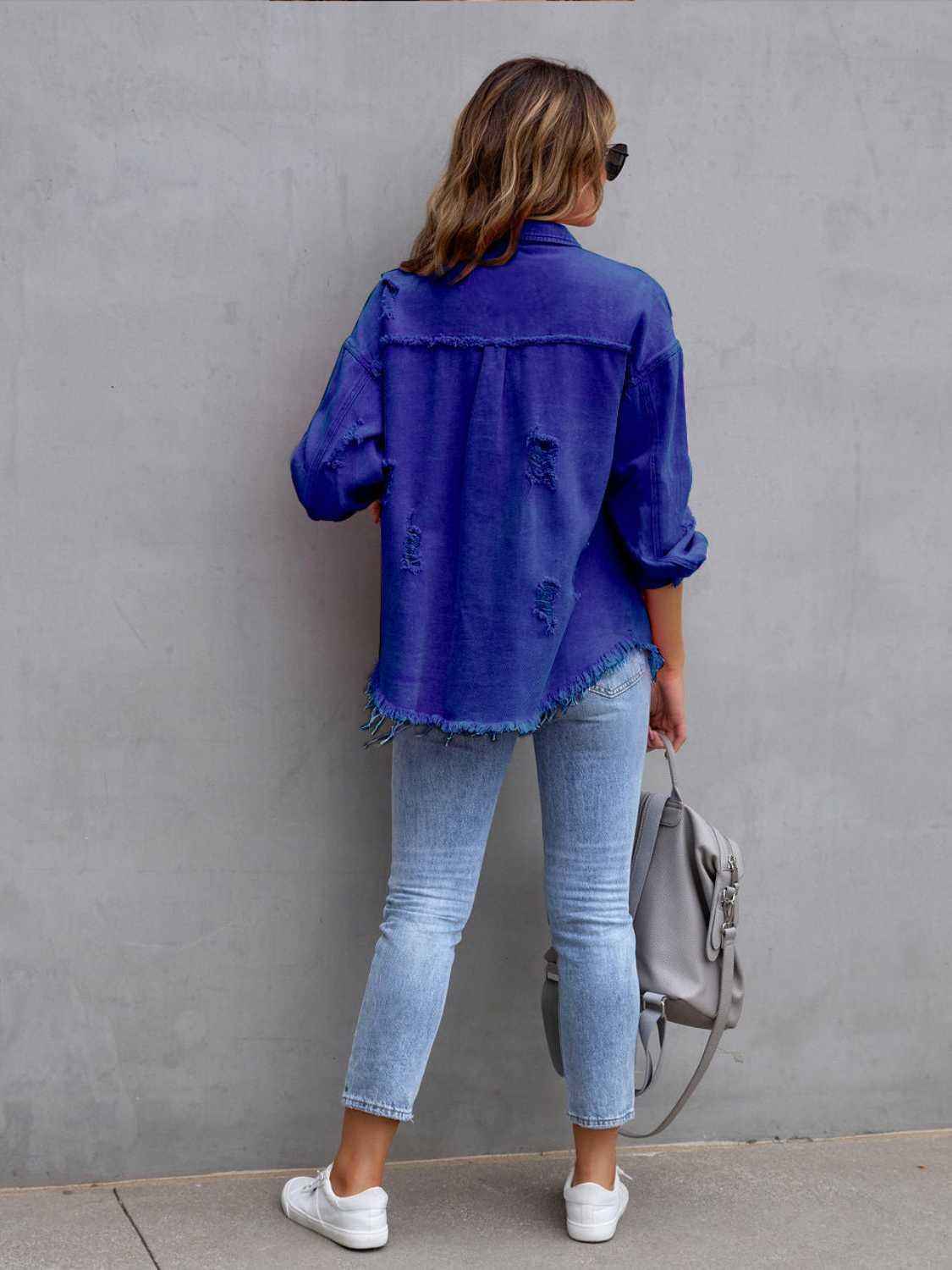 Distressed Denim Jacket with Drop Shoulder Design