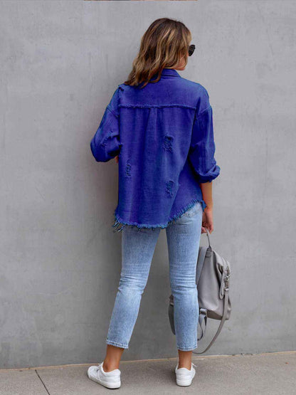 Distressed Denim Jacket with Drop Shoulder Design