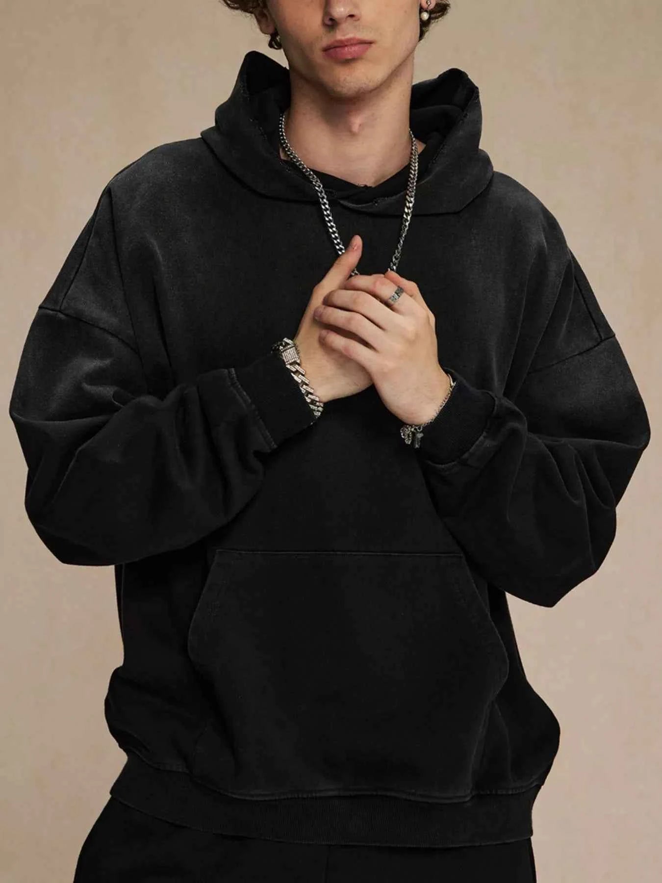 Men's Dropped Shoulder Hoodie with Kangaroo Pocket - Casual Comfort and Style