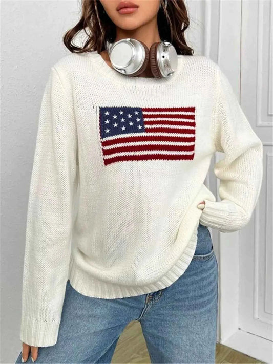 US Flag Sweater - Round Neck Long Sleeve for Men and Women