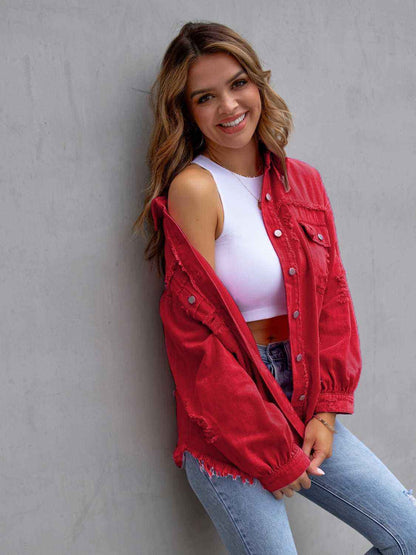 Distressed Denim Jacket with Drop Shoulder Design