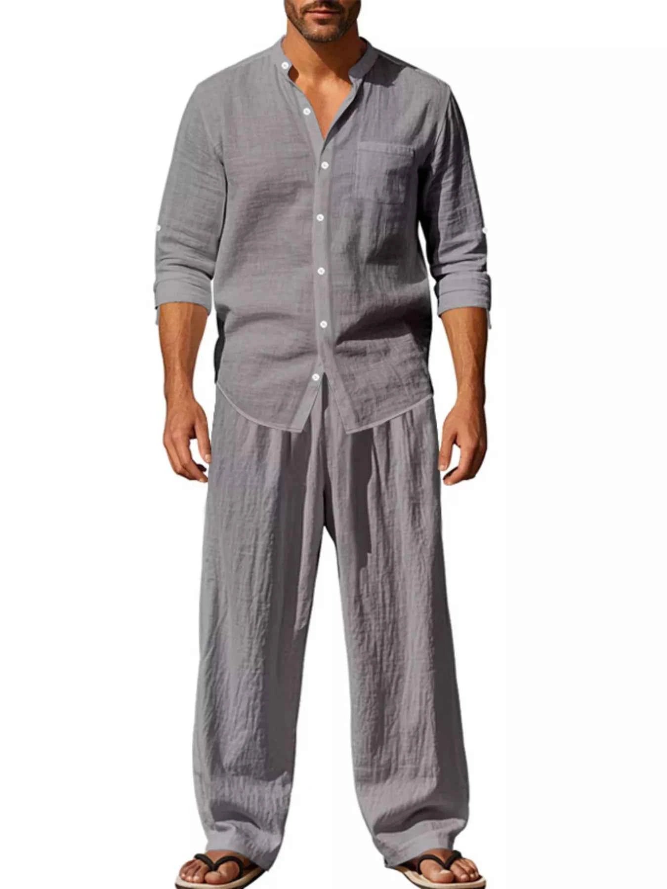 Men's Plus Size Outfit Set - Button Up Shirt and Pants Long Sleeve Combo