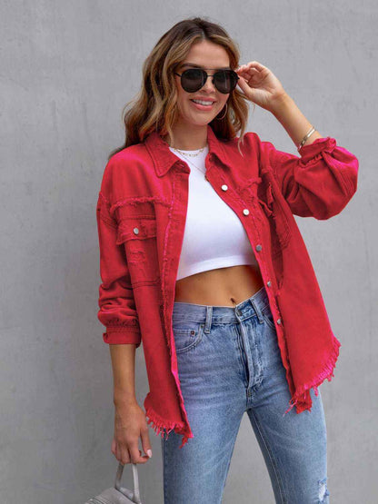 Distressed Denim Jacket with Drop Shoulder Design