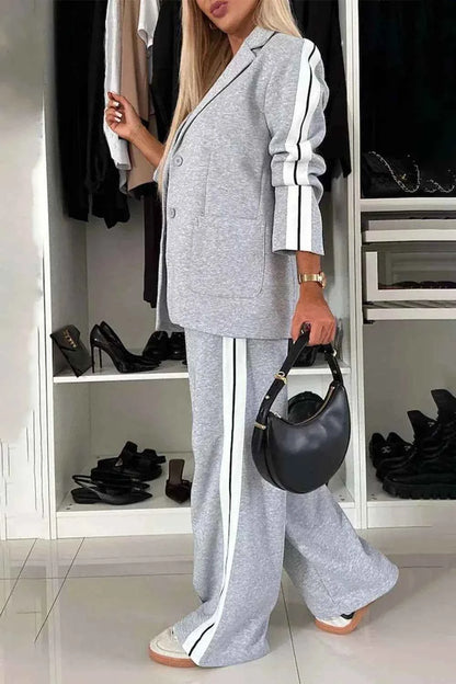 Full Size Contrast Lapel Collar Top and Pants Set for Stylish Outfits