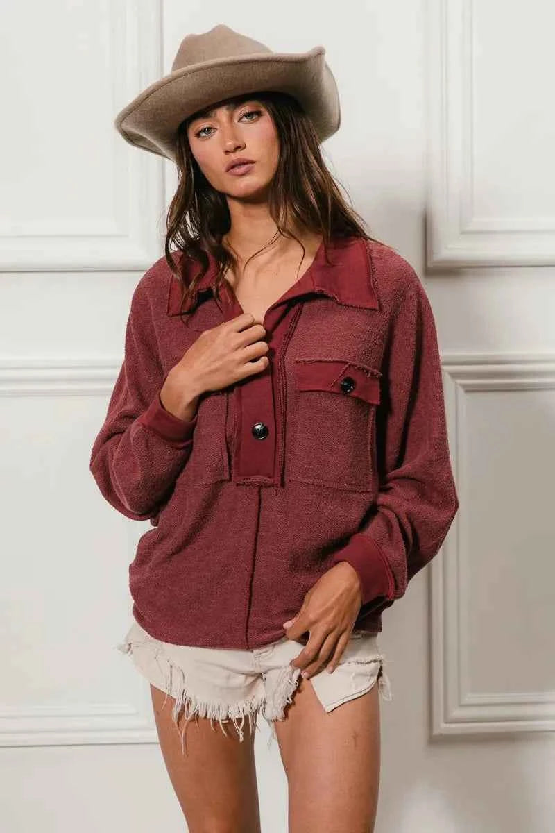 BiBi Cp French Terry Top with Cut Edge Detail and Collared Design