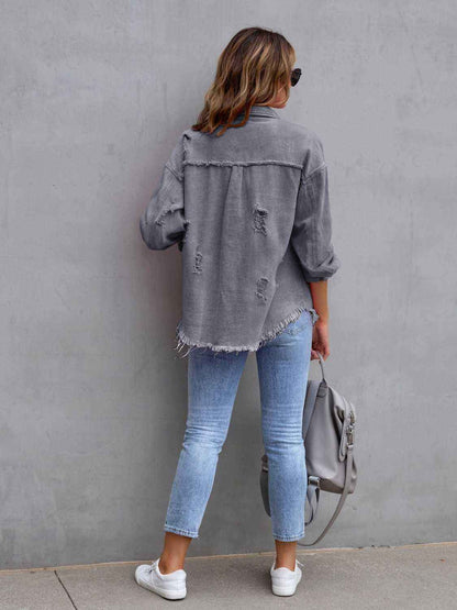 Distressed Denim Jacket with Drop Shoulder Design