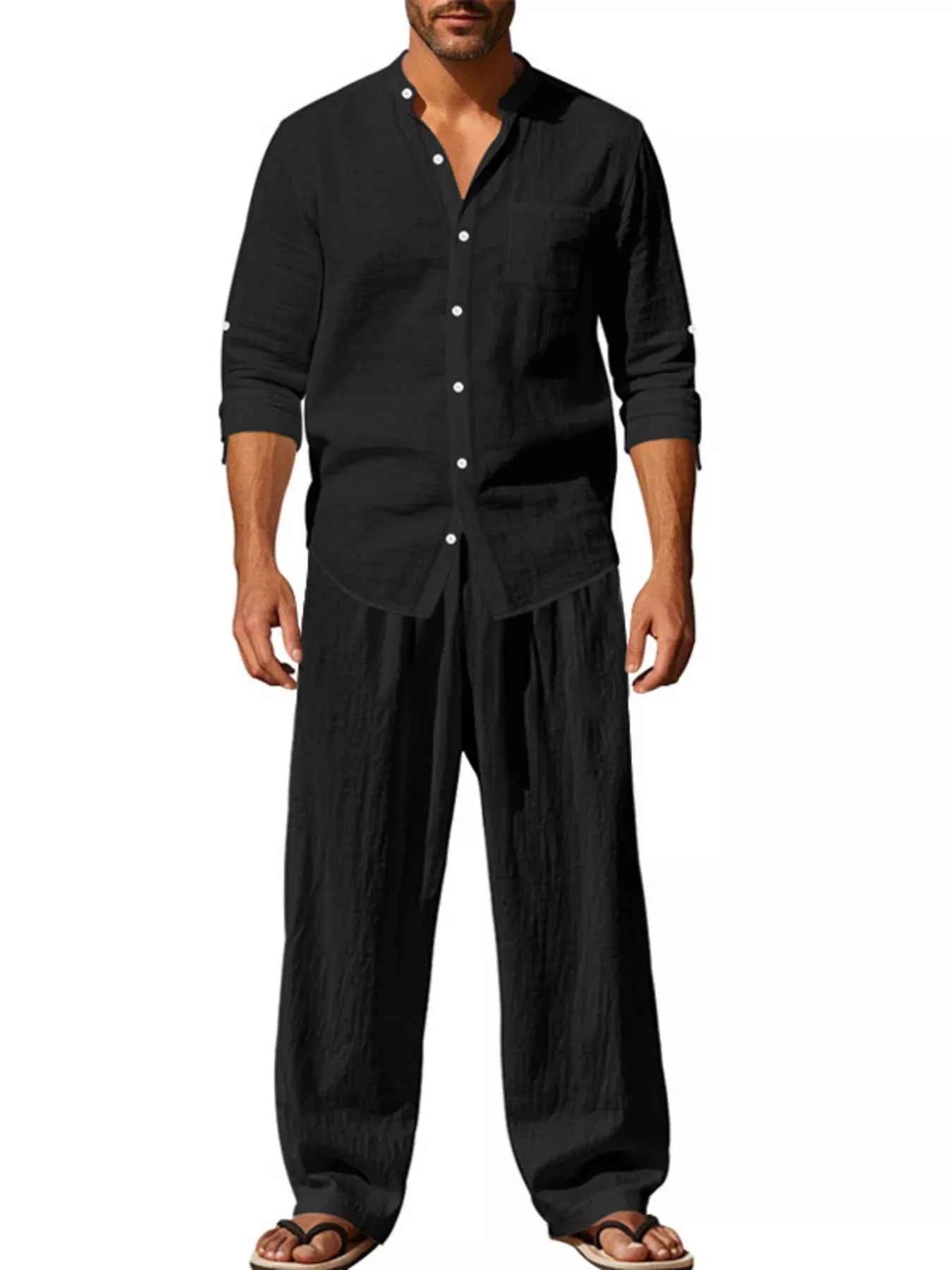 Men's Plus Size Outfit Set - Button Up Shirt and Pants Long Sleeve Combo