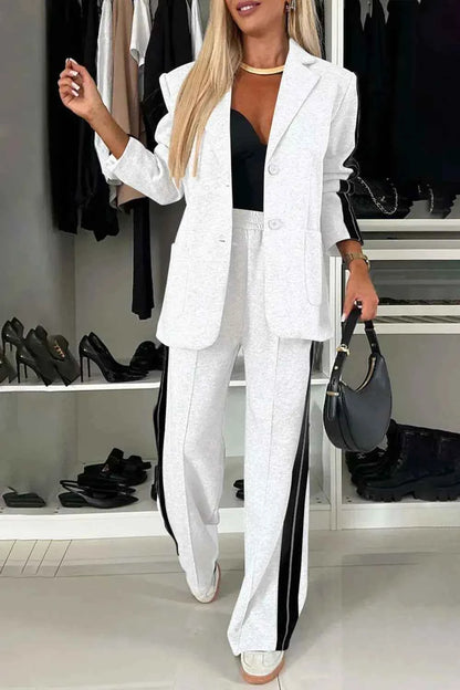 Full Size Contrast Lapel Collar Top and Pants Set for Stylish Outfits