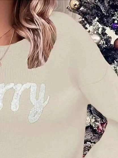 Merry Round Neck Dropped Shoulder Christmas Sweater