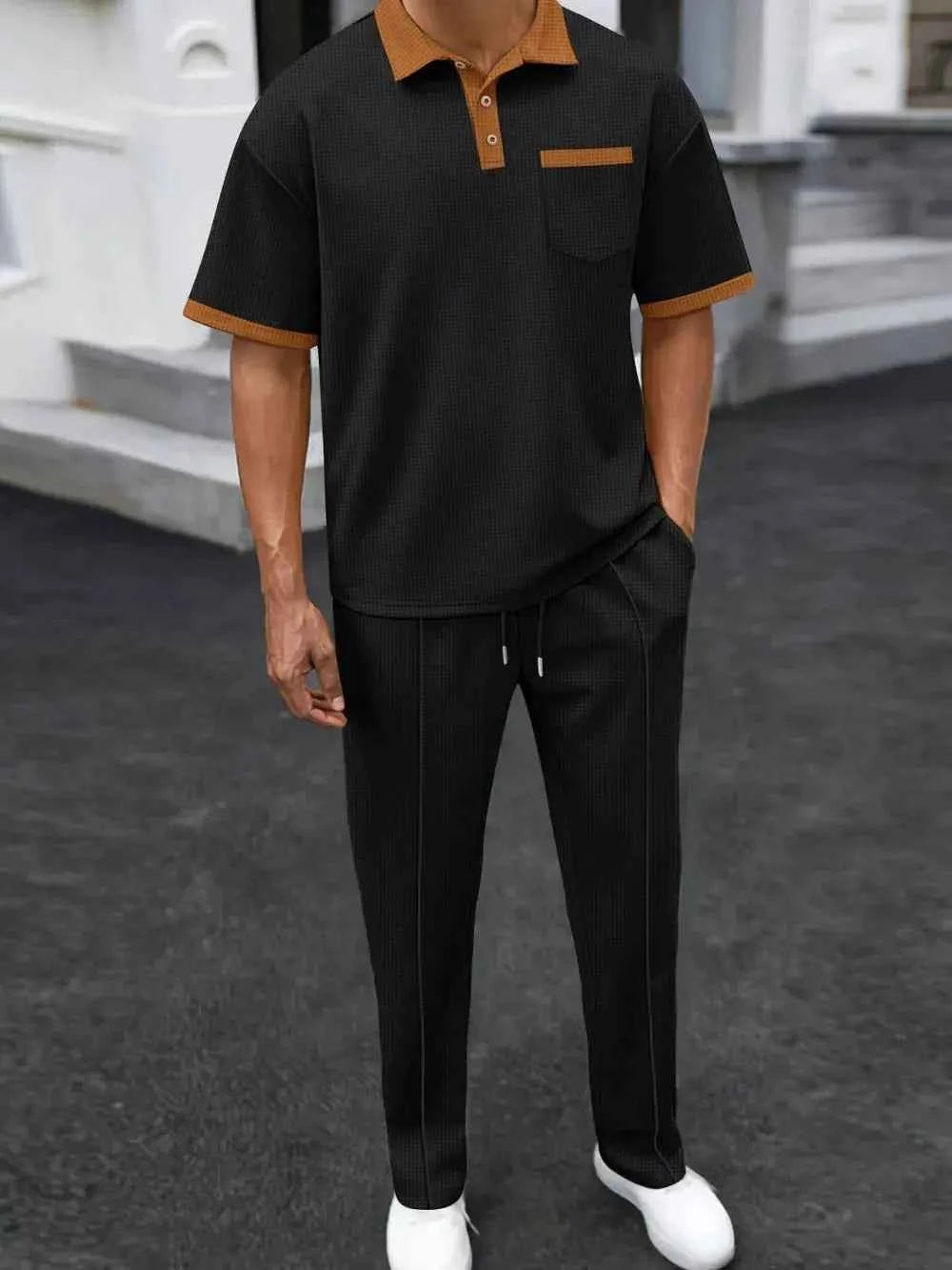 Men's Plus Size Waffle-Knit Contrast Polo and Pants Set