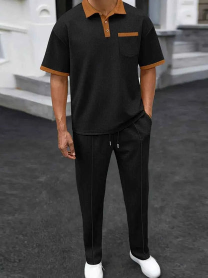 Men's Plus Size Waffle-Knit Contrast Polo and Pants Set